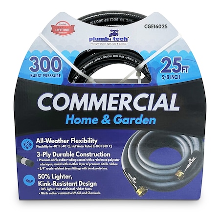 Plumb Tech 5/8 in ID x 25 ft L Water Hose, Nitrile Tube, Black CGE16025